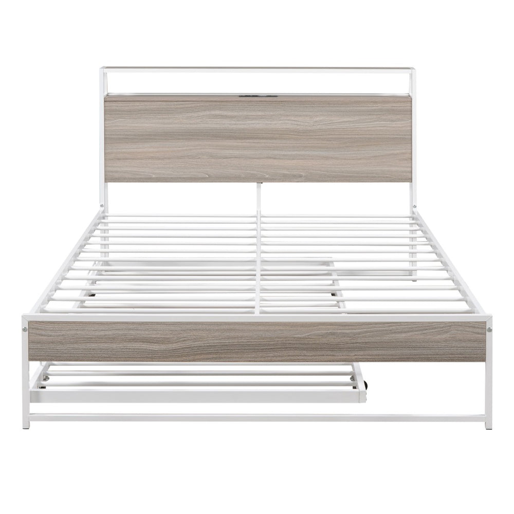 HomeRoots White Metal Full Bed Frame with Rolling Trundle - Space-Saving, Durable Design for Modern Bedrooms 590421