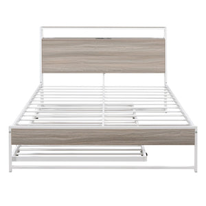 HomeRoots White Metal Full Bed Frame with Rolling Trundle - Space-Saving, Durable Design for Modern Bedrooms 590421