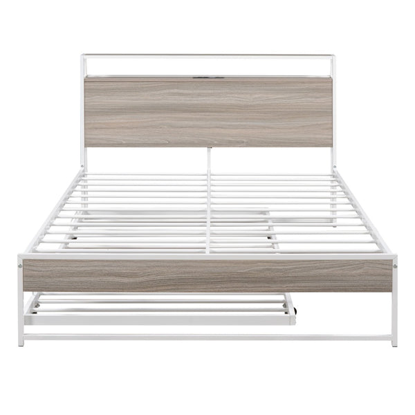 HomeRoots White Metal Full Bed Frame with Rolling Trundle - Space-Saving, Durable Design for Modern Bedrooms 590421