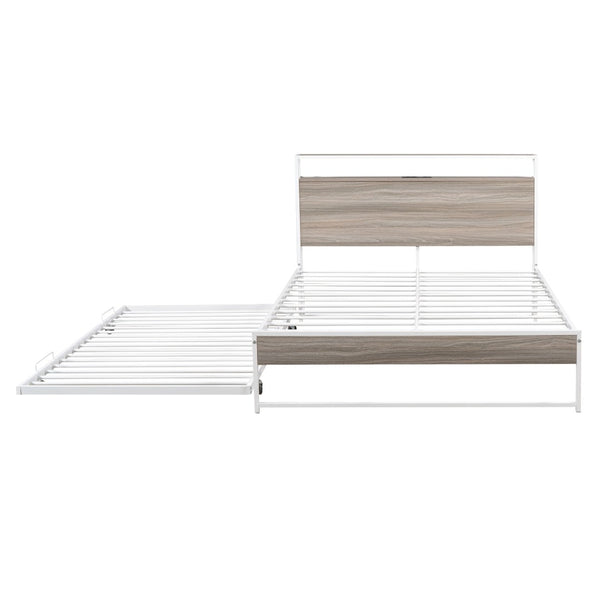 HomeRoots White Metal Full Bed Frame with Rolling Trundle - Space-Saving, Durable Design for Modern Bedrooms 590421