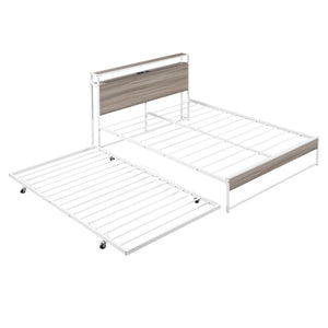 HomeRoots White Metal Full Bed Frame with Rolling Trundle - Space-Saving, Durable Design for Modern Bedrooms 590421