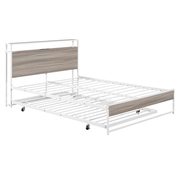 HomeRoots White Metal Full Bed Frame with Rolling Trundle - Space-Saving, Durable Design for Modern Bedrooms 590421