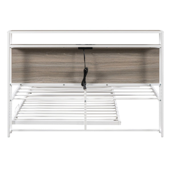 HomeRoots White Metal Full Bed Frame with Rolling Trundle - Space-Saving, Durable Design for Modern Bedrooms 590421