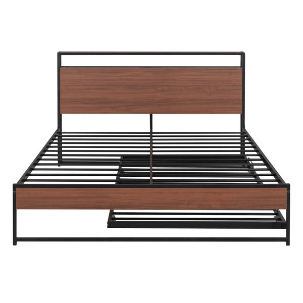 HomeRoots Black Metal Queen Bed Frame with Twin Trundle - Stylish Space-Saving Design for Guest Comfort! 590422