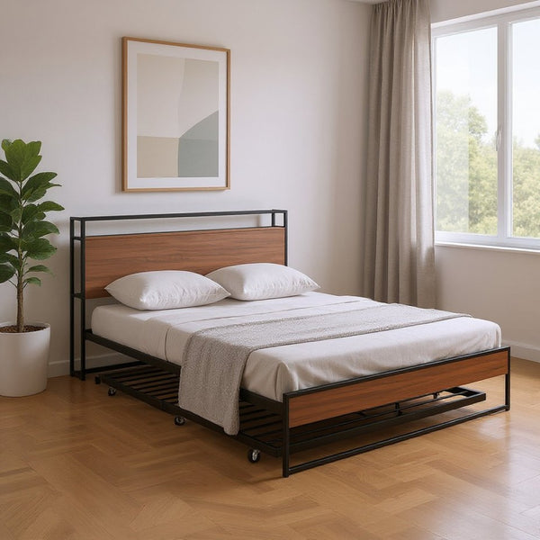 HomeRoots Black Metal Queen Bed Frame with Twin Trundle - Stylish Space-Saving Design for Guest Comfort! 590422