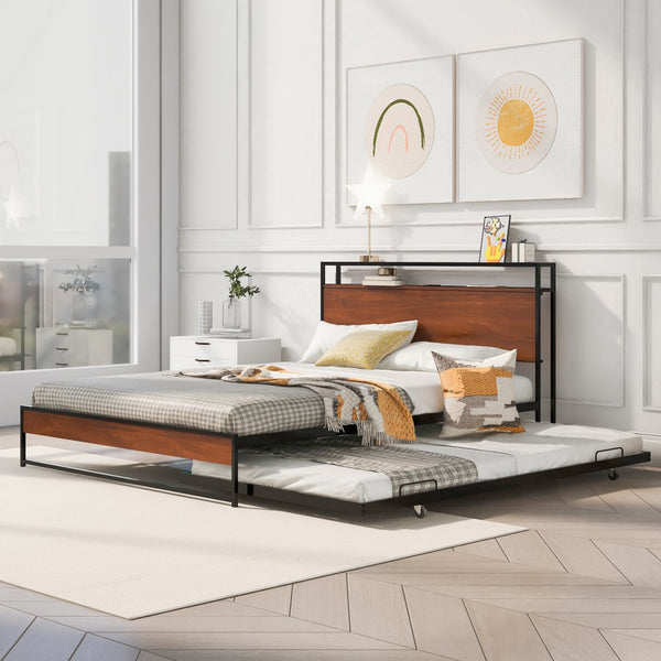 HomeRoots Black Metal Queen Bed Frame with Twin Trundle - Stylish Space-Saving Design for Guest Comfort! 590422