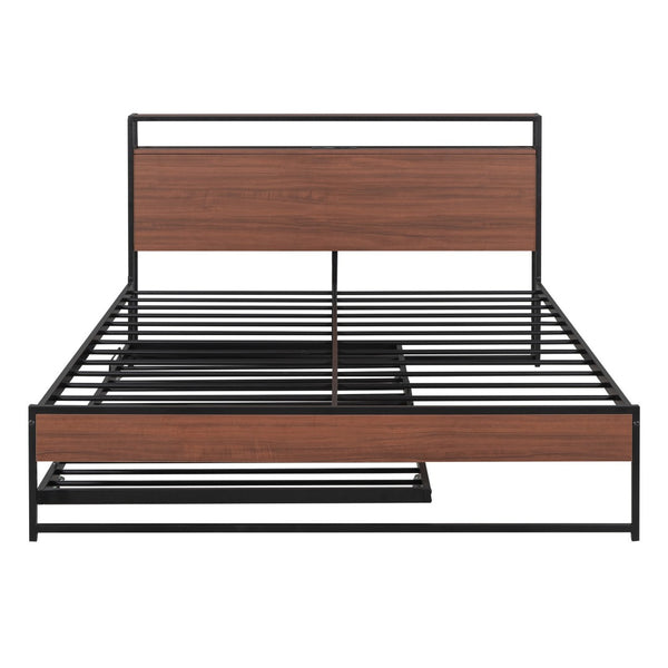 HomeRoots Black Metal Queen Bed Frame with Twin Trundle - Stylish Space-Saving Design for Guest Comfort! 590422