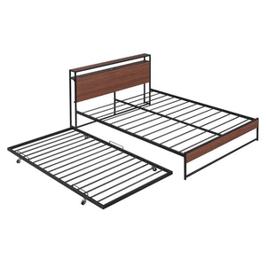 HomeRoots Black Metal Queen Bed Frame with Twin Trundle - Stylish Space-Saving Design for Guest Comfort! 590422