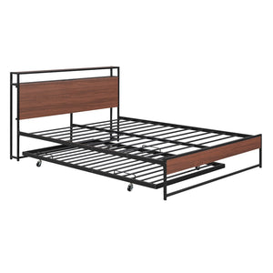 HomeRoots Black Metal Queen Bed Frame with Twin Trundle - Stylish Space-Saving Design for Guest Comfort! 590422