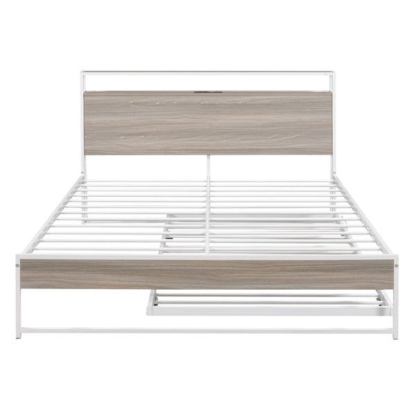 HomeRoots White Metal Queen Bed Frame with Twin Trundle - Space-Saving Design for Versatile Sleep Solutions! 590423