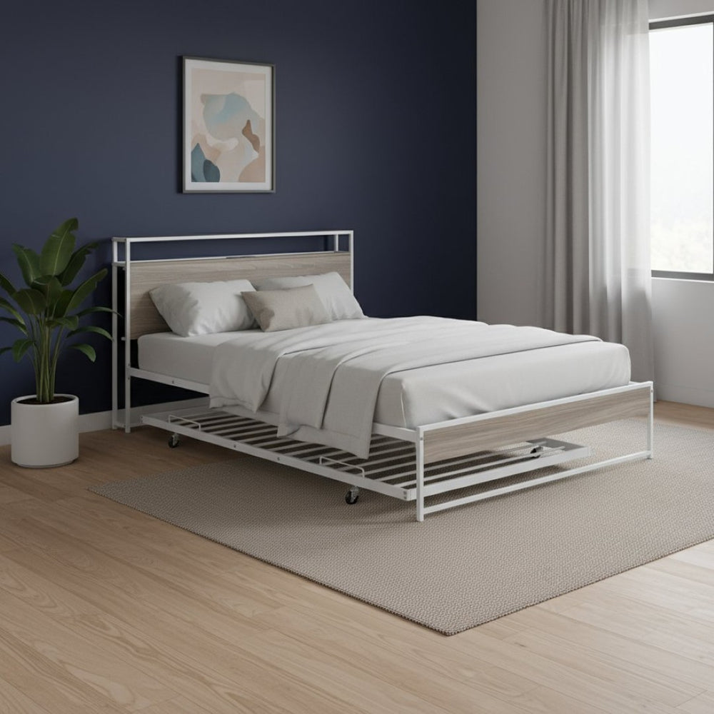 HomeRoots White Metal Queen Bed Frame with Twin Trundle - Space-Saving Design for Versatile Sleep Solutions! 590423
