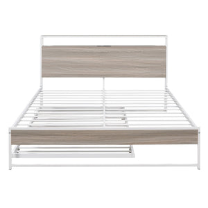HomeRoots White Metal Queen Bed Frame with Twin Trundle - Space-Saving Design for Versatile Sleep Solutions! 590423