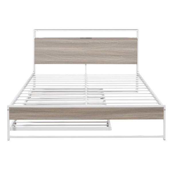 HomeRoots White Metal Queen Bed Frame with Twin Trundle - Space-Saving Design for Versatile Sleep Solutions! 590423