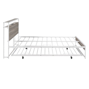 HomeRoots White Metal Queen Bed Frame with Twin Trundle - Space-Saving Design for Versatile Sleep Solutions! 590423