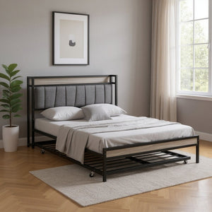HomeRoots Black Metal Full Bed Frame with Space-Saving Twin Trundle - Modern Design for Stylish Comfort 590424