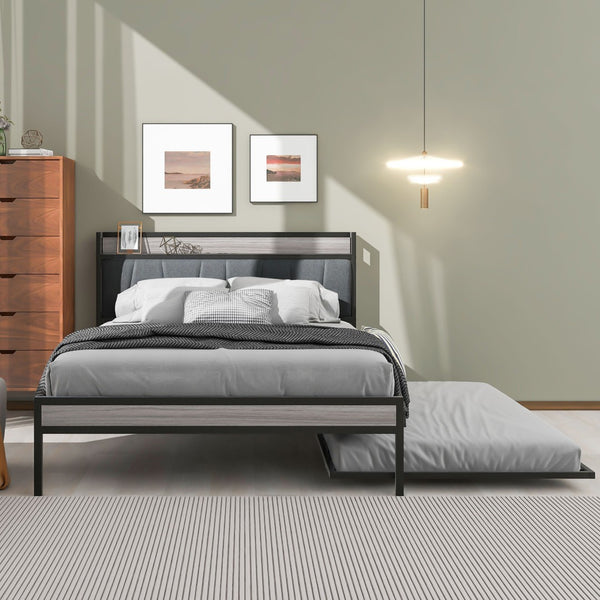 HomeRoots Black Metal Full Bed Frame with Space-Saving Twin Trundle - Modern Design for Stylish Comfort 590424
