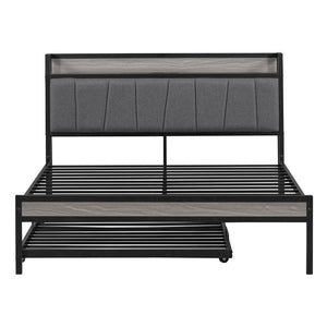 HomeRoots Black Metal Full Bed Frame with Space-Saving Twin Trundle - Modern Design for Stylish Comfort 590424