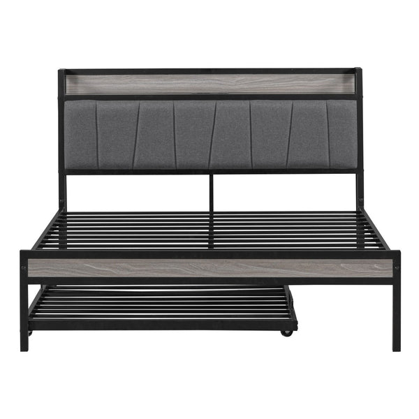 HomeRoots Black Metal Full Bed Frame with Space-Saving Twin Trundle - Modern Design for Stylish Comfort 590424