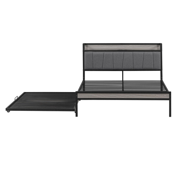 HomeRoots Black Metal Full Bed Frame with Space-Saving Twin Trundle - Modern Design for Stylish Comfort 590424