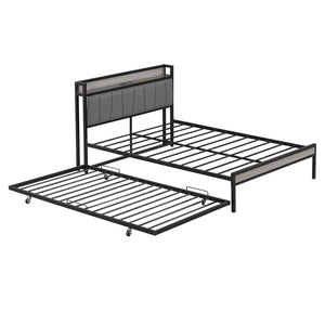 HomeRoots Black Metal Full Bed Frame with Space-Saving Twin Trundle - Modern Design for Stylish Comfort 590424