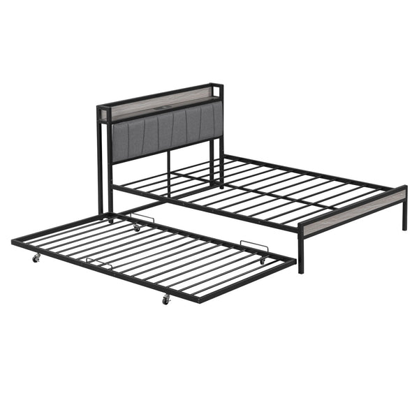 HomeRoots Black Metal Full Bed Frame with Space-Saving Twin Trundle - Modern Design for Stylish Comfort 590424
