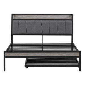 HomeRoots Black Metal Full Bed Frame with Space-Saving Twin Trundle - Modern Design for Stylish Comfort 590424