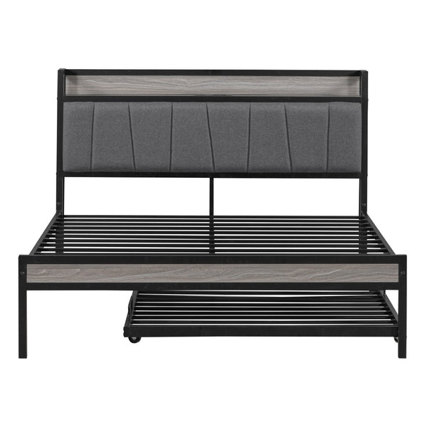 HomeRoots Black Metal Full Bed Frame with Space-Saving Twin Trundle - Modern Design for Stylish Comfort 590424