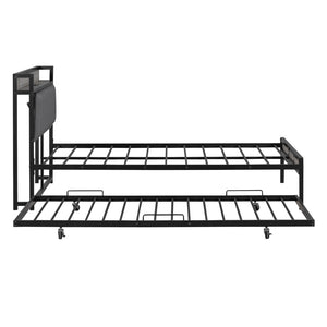 HomeRoots Black Metal Full Bed Frame with Space-Saving Twin Trundle - Modern Design for Stylish Comfort 590424