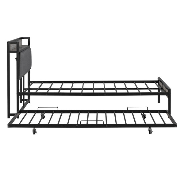 HomeRoots Black Metal Full Bed Frame with Space-Saving Twin Trundle - Modern Design for Stylish Comfort 590424