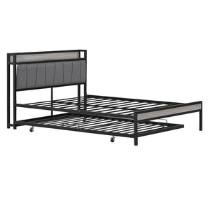 HomeRoots Black Metal Full Bed Frame with Space-Saving Twin Trundle - Modern Design for Stylish Comfort 590424