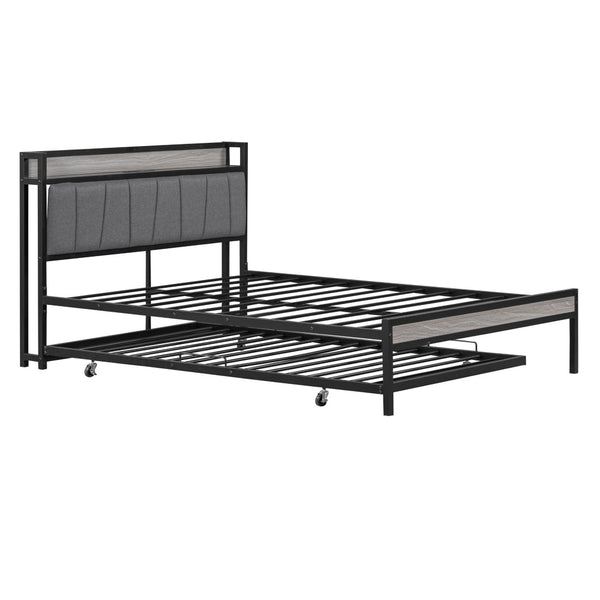 HomeRoots Black Metal Full Bed Frame with Space-Saving Twin Trundle - Modern Design for Stylish Comfort 590424