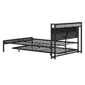 HomeRoots Black Metal Full Bed Frame with Space-Saving Twin Trundle - Modern Design for Stylish Comfort 590424