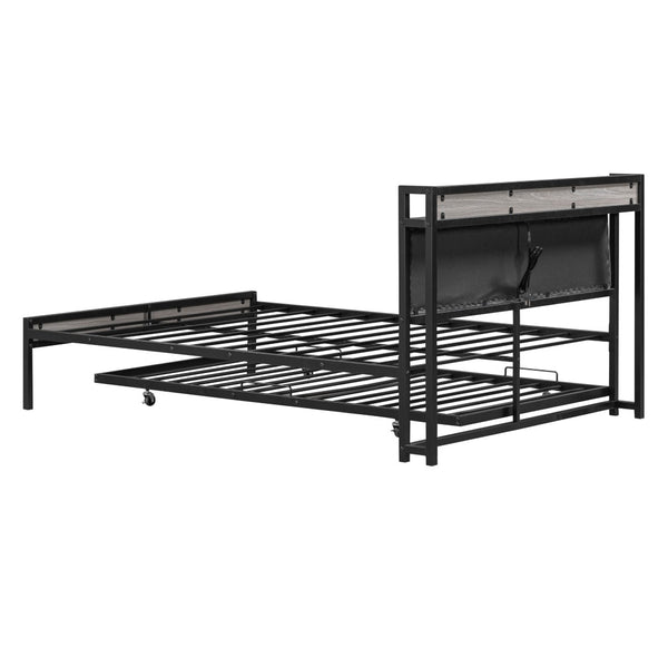HomeRoots Black Metal Full Bed Frame with Space-Saving Twin Trundle - Modern Design for Stylish Comfort 590424