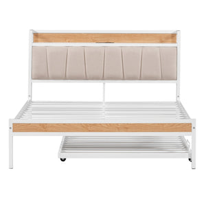 HomeRoots White Metal Full Bed Frame with Space-Saving Twin Trundle - Modern Design for Stylish Bedrooms 590425