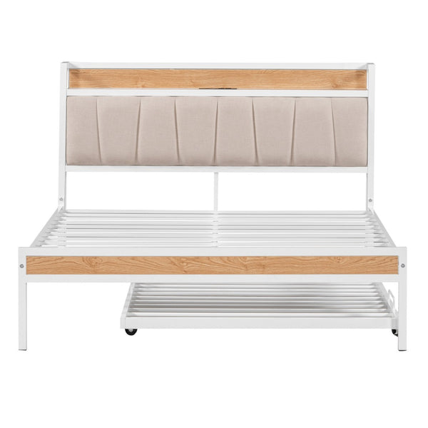 HomeRoots White Metal Full Bed Frame with Space-Saving Twin Trundle - Modern Design for Stylish Bedrooms 590425