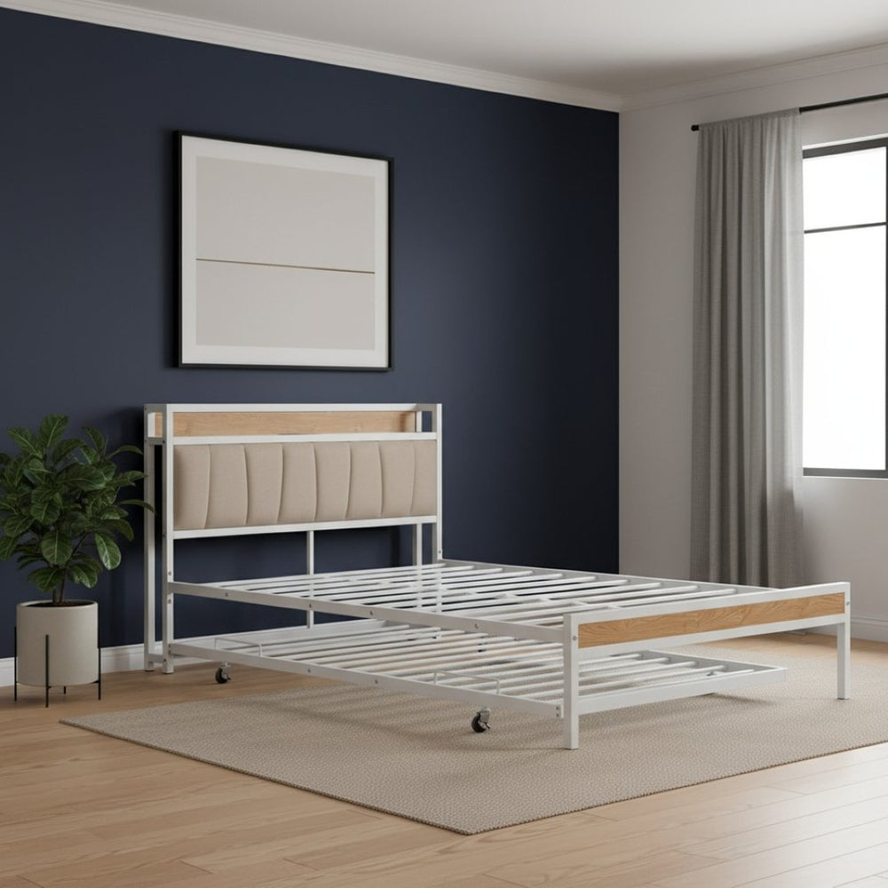 HomeRoots White Metal Full Bed Frame with Space-Saving Twin Trundle - Modern Design for Stylish Bedrooms 590425
