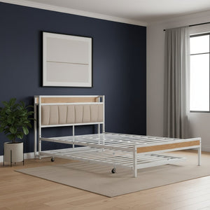 HomeRoots White Metal Full Bed Frame with Space-Saving Twin Trundle - Modern Design for Stylish Bedrooms 590425