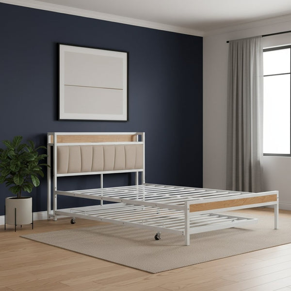HomeRoots White Metal Full Bed Frame with Space-Saving Twin Trundle - Modern Design for Stylish Bedrooms 590425