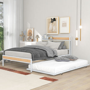 HomeRoots White Metal Full Bed Frame with Space-Saving Twin Trundle - Modern Design for Stylish Bedrooms 590425