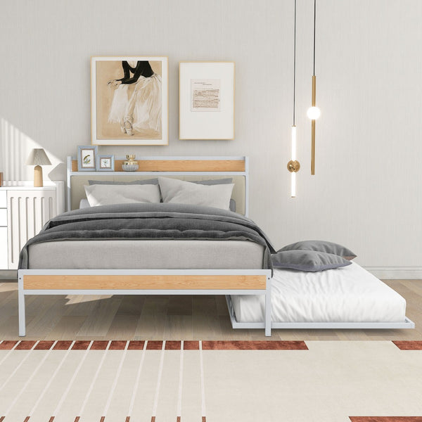 HomeRoots White Metal Full Bed Frame with Space-Saving Twin Trundle - Modern Design for Stylish Bedrooms 590425