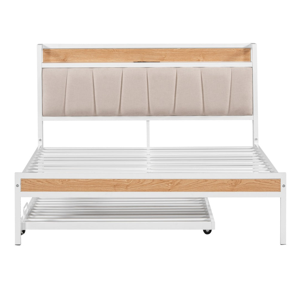 HomeRoots White Metal Full Bed Frame with Space-Saving Twin Trundle - Modern Design for Stylish Bedrooms 590425