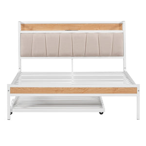 HomeRoots White Metal Full Bed Frame with Space-Saving Twin Trundle - Modern Design for Stylish Bedrooms 590425