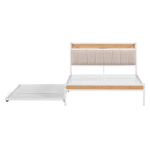 HomeRoots White Metal Full Bed Frame with Space-Saving Twin Trundle - Modern Design for Stylish Bedrooms 590425