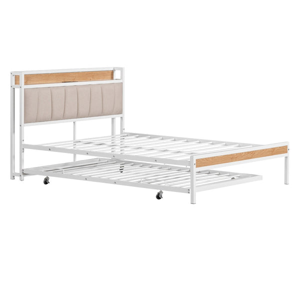 HomeRoots White Metal Full Bed Frame with Space-Saving Twin Trundle - Modern Design for Stylish Bedrooms 590425