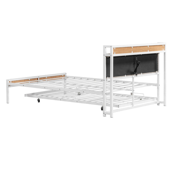 HomeRoots White Metal Full Bed Frame with Space-Saving Twin Trundle - Modern Design for Stylish Bedrooms 590425