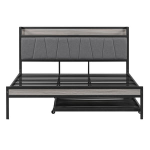 HomeRoots Black Metal and Upholstered Queen Bed Frame with Trundle – Modern, Space-Saving Design for Comfort! 590426