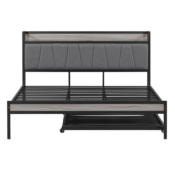 HomeRoots Black Metal and Upholstered Queen Bed Frame with Trundle – Modern, Space-Saving Design for Comfort! 590426