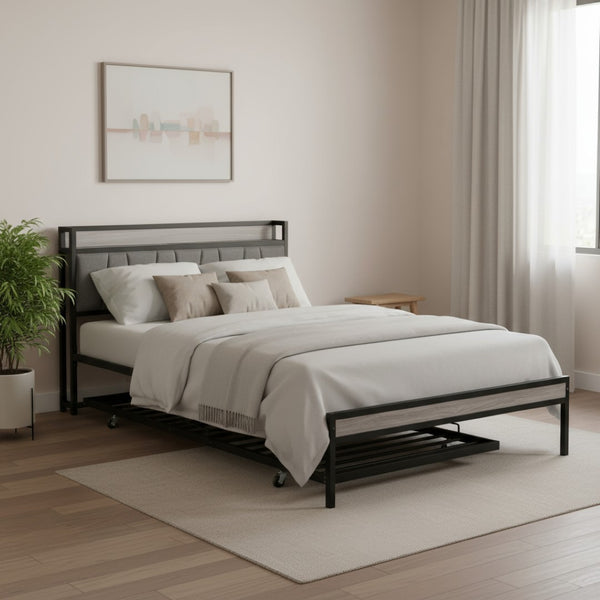 HomeRoots Black Metal and Upholstered Queen Bed Frame with Trundle – Modern, Space-Saving Design for Comfort! 590426