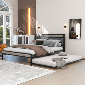 HomeRoots Black Metal and Upholstered Queen Bed Frame with Trundle – Modern, Space-Saving Design for Comfort! 590426