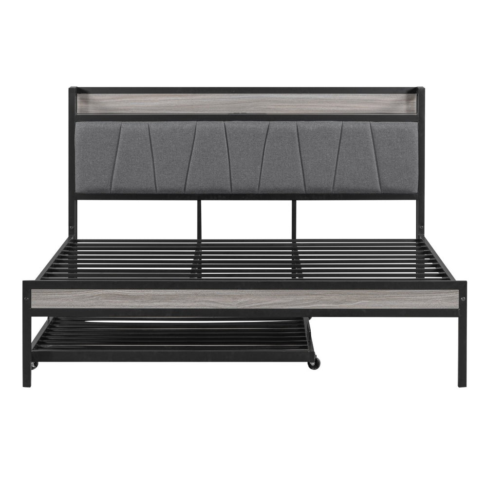 HomeRoots Black Metal and Upholstered Queen Bed Frame with Trundle – Modern, Space-Saving Design for Comfort! 590426